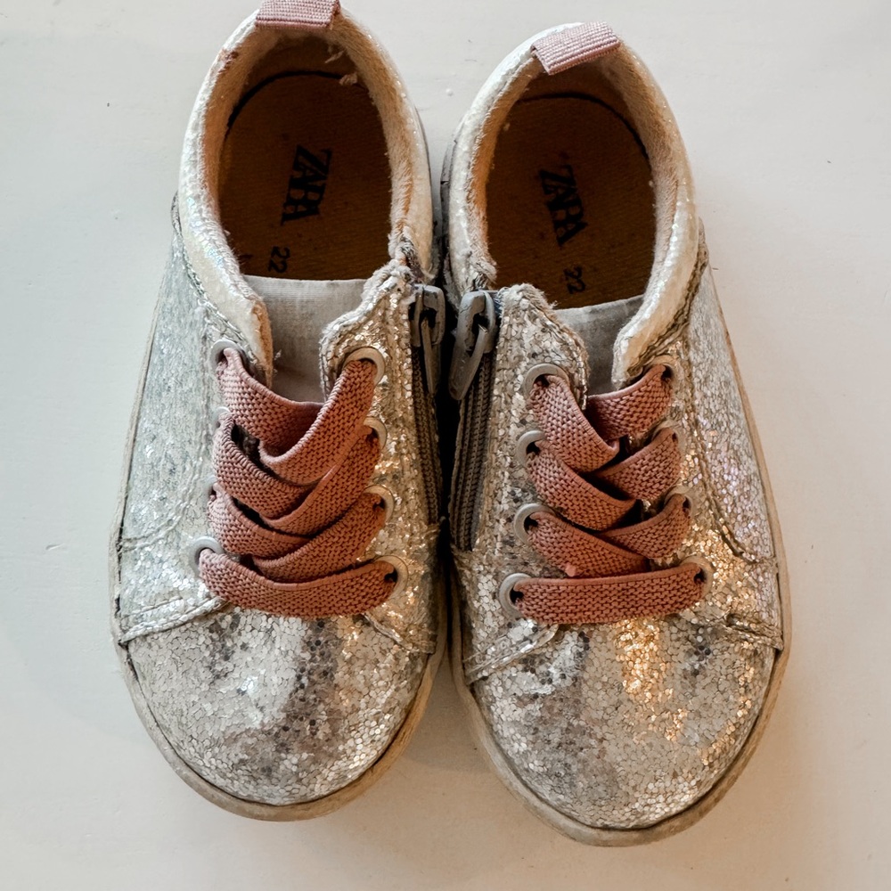 Zara Kids Sparkly Silver Sneakers with Pink Laces